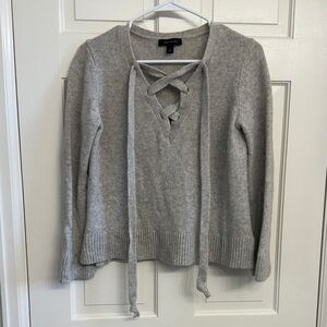 Ann Taylor Gray Lace-Up V-Neck Sweater